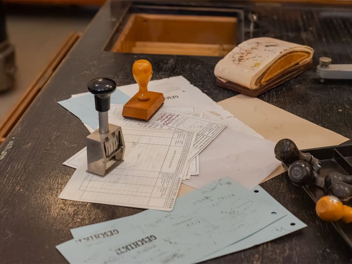 A date stamp resting on completed export declaration forms at a documentation desk